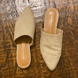 Gray snakeskin mules